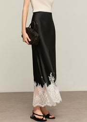 Black Original Design Lace Patchwork Silk Summer Skirt High Waist