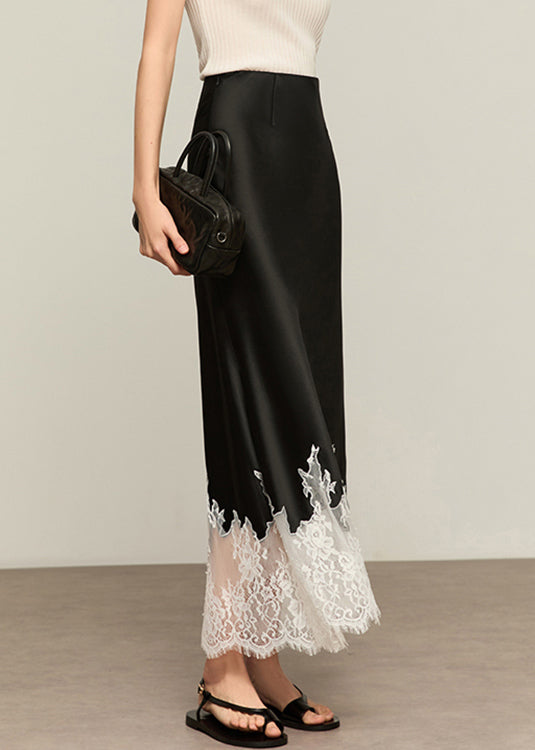 Black Original Design Lace Patchwork Silk Summer Skirt High Waist