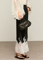 Black Original Design Lace Patchwork Silk Summer Skirt High Waist