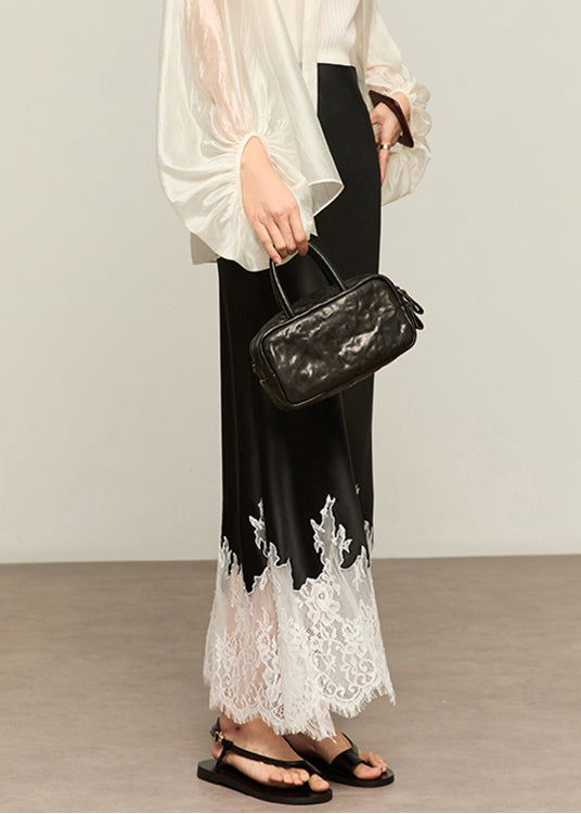 Black Original Design Lace Patchwork Silk Summer Skirt High Waist