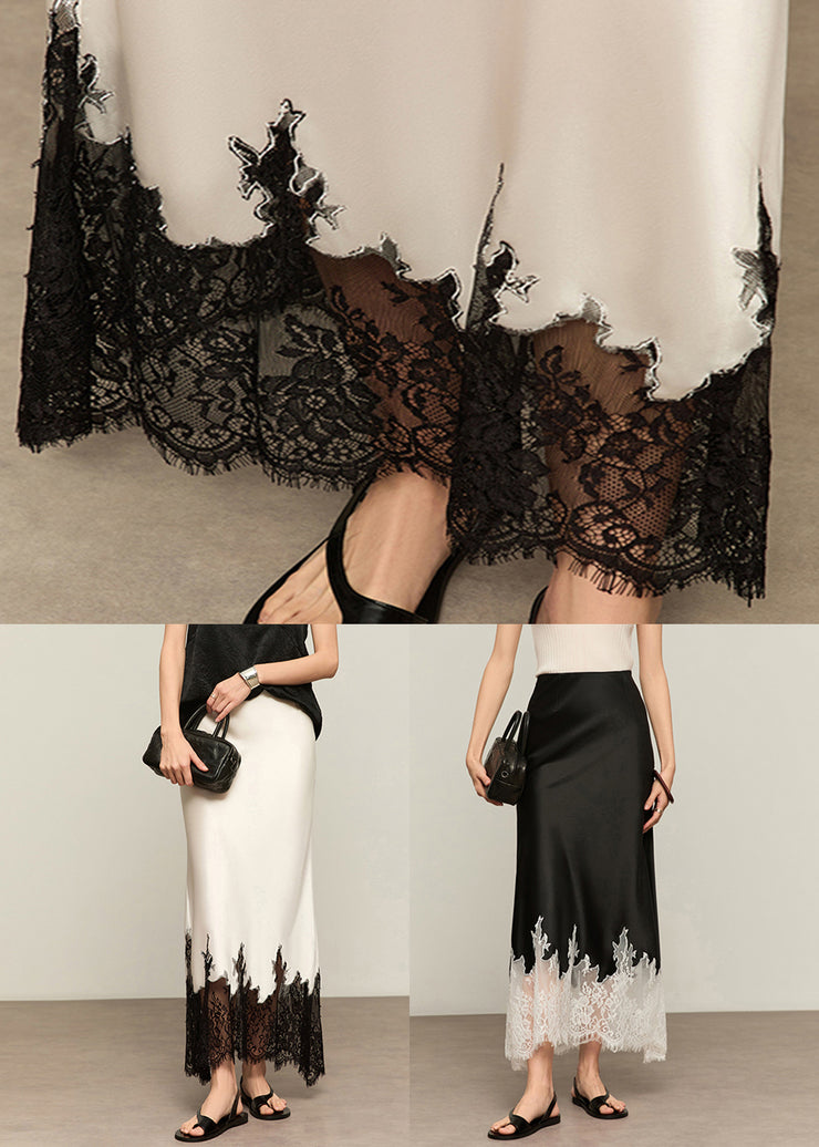 Black Original Design Lace Patchwork Silk Summer Skirt High Waist