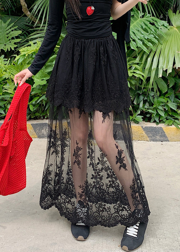 Black Original Design Lace Summer Tulle Skirts Elastic Waist