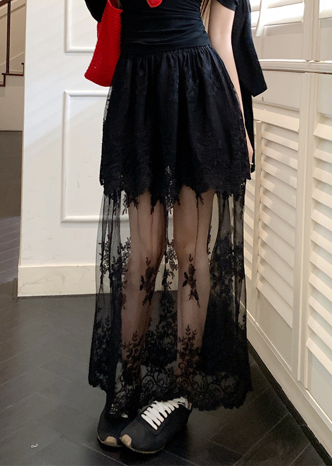 Black Original Design Lace Summer Tulle Skirts Elastic Waist