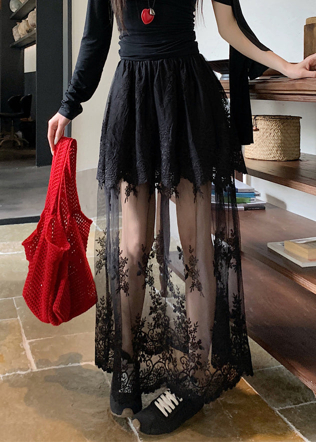 Black Original Design Lace Summer Tulle Skirts Elastic Waist