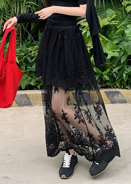 Black Original Design Lace Summer Tulle Skirts Elastic Waist