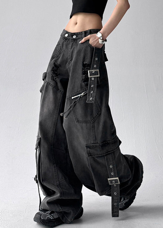 Black Original Design Pockets Denim Pants High Waist