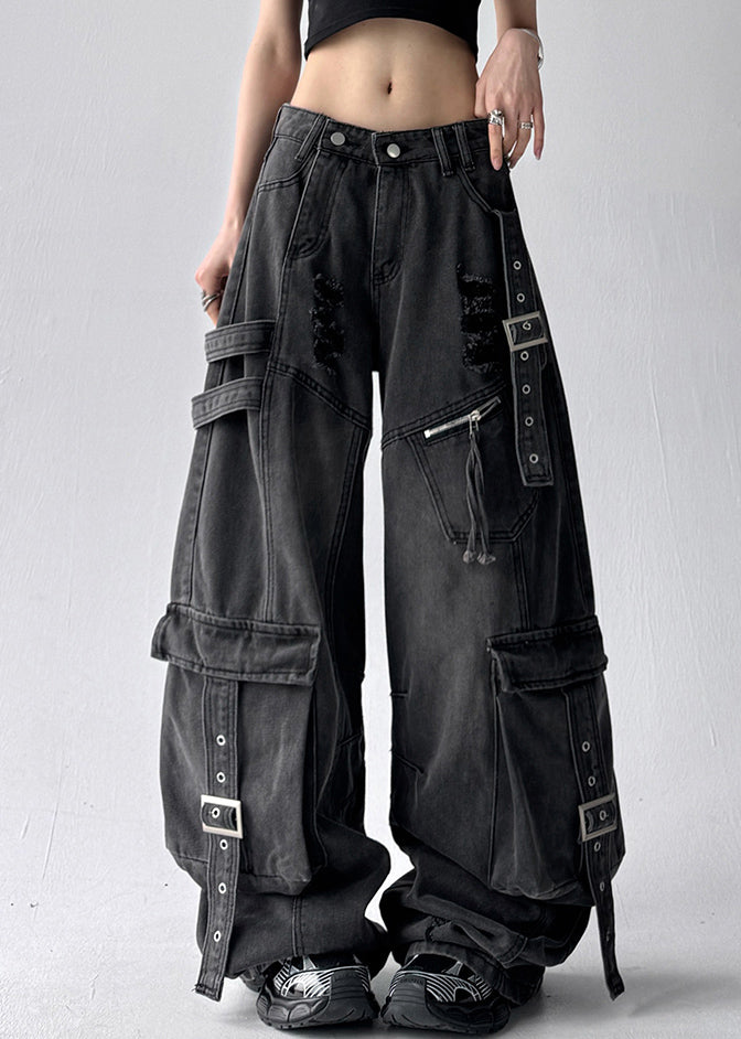 Black Original Design Pockets Denim Pants High Waist