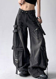 Black Original Design Pockets Denim Pants High Waist