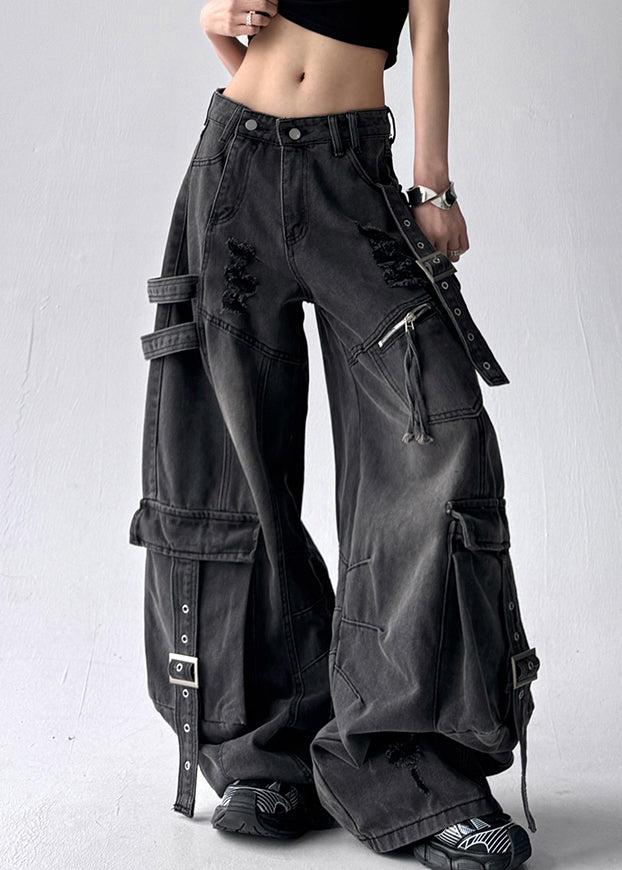 Black Original Design Pockets Denim Pants High Waist