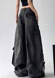 Black Original Design Pockets Denim Pants High Waist