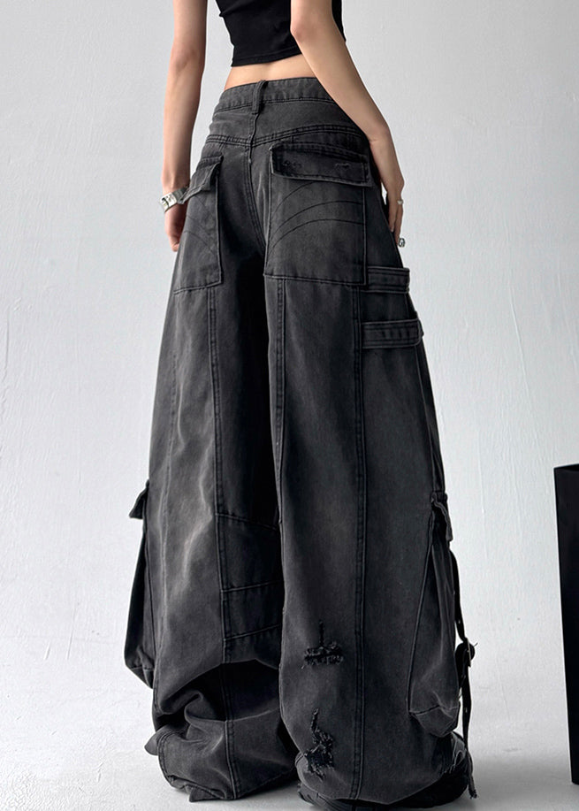 Black Original Design Pockets Denim Pants High Waist
