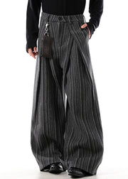 Black Original Design Striped Woolen Mens Wide Leg Pants High Waist