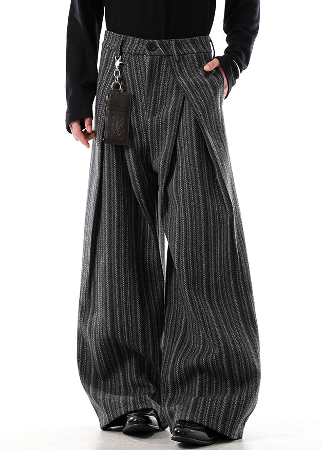 Black Original Design Striped Woolen Mens Wide Leg Pants High Waist