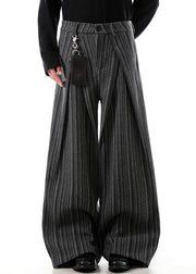 Black Original Design Striped Woolen Mens Wide Leg Pants High Waist