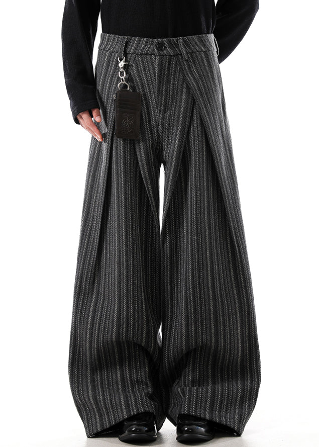 Black Original Design Striped Woolen Mens Wide Leg Pants High Waist