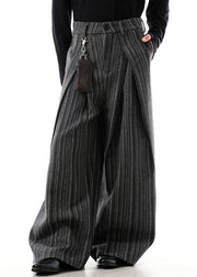 Black Original Design Striped Woolen Mens Wide Leg Pants High Waist