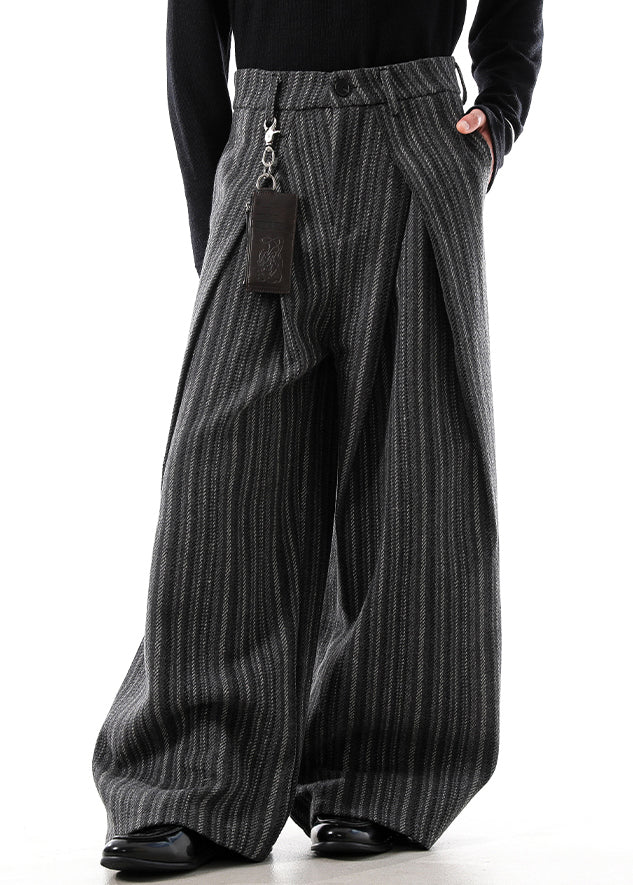 Black Original Design Striped Woolen Mens Wide Leg Pants High Waist
