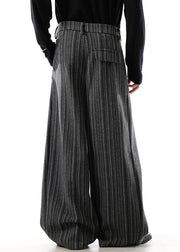 Black Original Design Striped Woolen Mens Wide Leg Pants High Waist