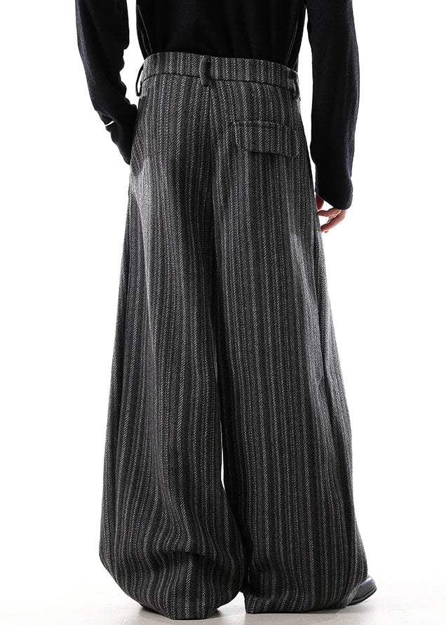Black Original Design Striped Woolen Mens Wide Leg Pants High Waist