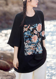 Black Oversized Cotton T Shirt Embroidered Half Sleeve
