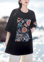 Black Oversized Cotton T Shirt Embroidered Half Sleeve