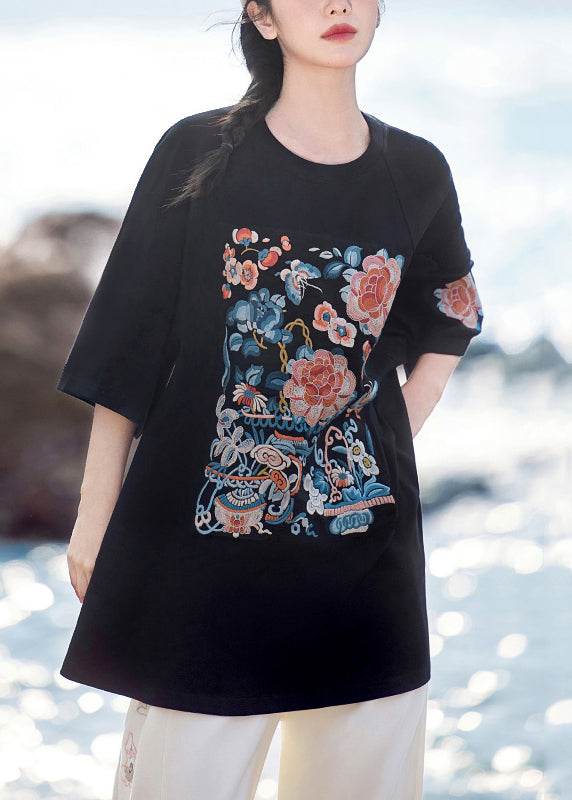 Black Oversized Cotton T Shirt Embroidered Half Sleeve