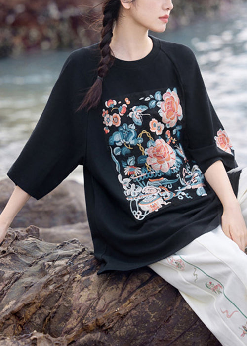 Black Oversized Cotton T Shirt Embroidered Half Sleeve