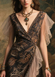 Black Patchwork Chiffon Party Dress Side Open Butterfly Sleeve