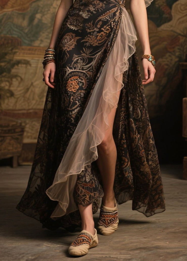 Black Patchwork Chiffon Party Dress Side Open Butterfly Sleeve