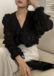 Black Patchwork Chiffon Shirts Tops Ruffled V Neck Spring