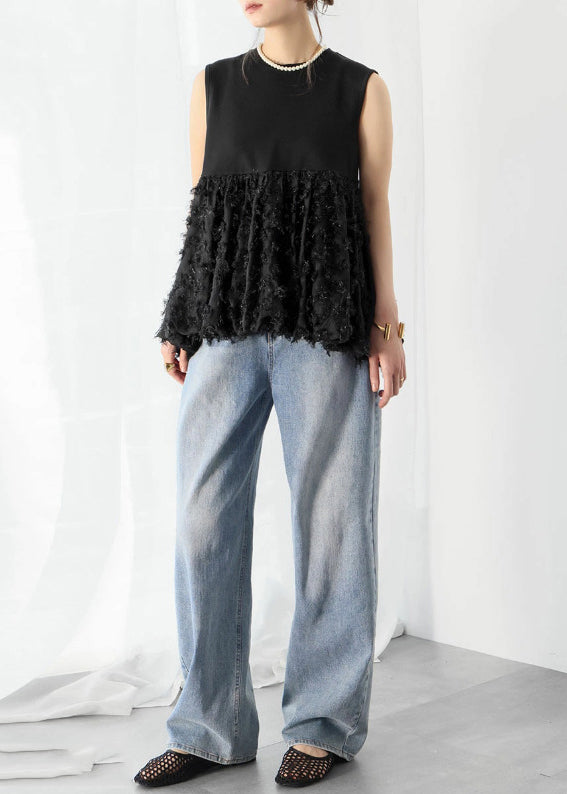 Black Patchwork Cotton A Line Tops Tasseled Sleeveless