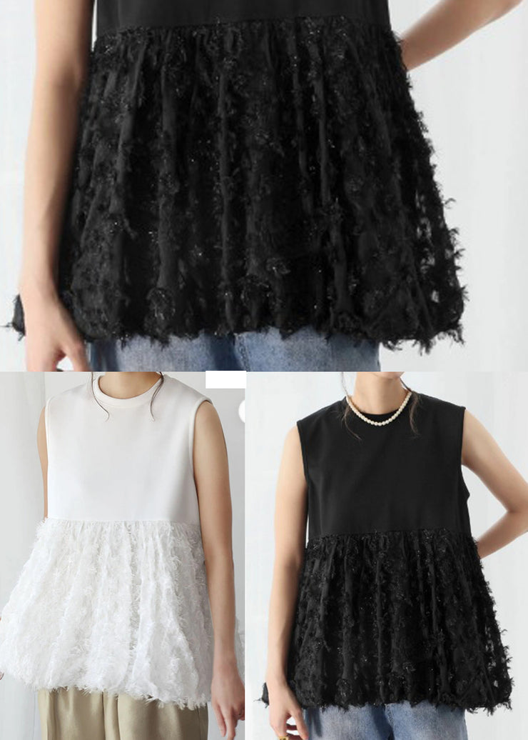 Black Patchwork Cotton A Line Tops Tasseled Sleeveless