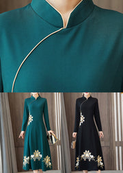 Black Patchwork Cotton Dresses Embroideried Stand Collar Fall