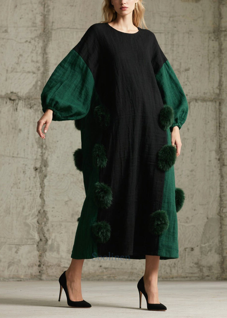 Black Patchwork Cotton Dresses Oversized Fuzzy Ball Decorated Lantern Sleeve
