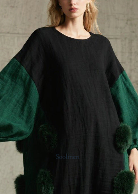 Black Patchwork Cotton Dresses Oversized Fuzzy Ball Decorated Lantern Sleeve