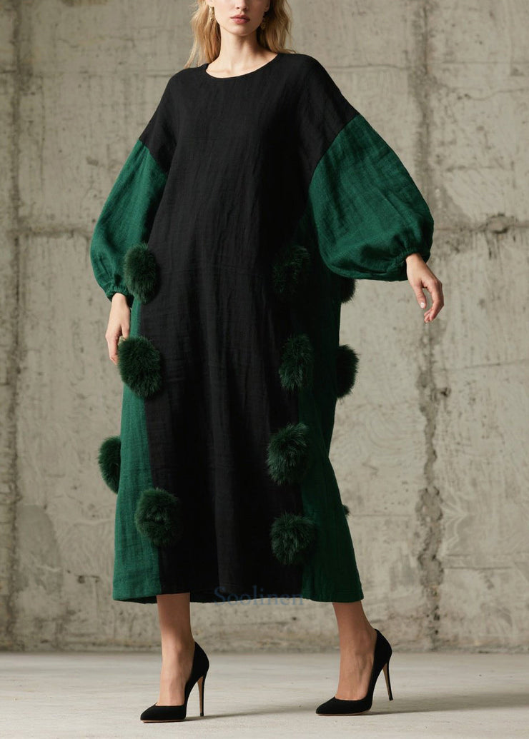 Black Patchwork Cotton Dresses Oversized Fuzzy Ball Decorated Lantern Sleeve