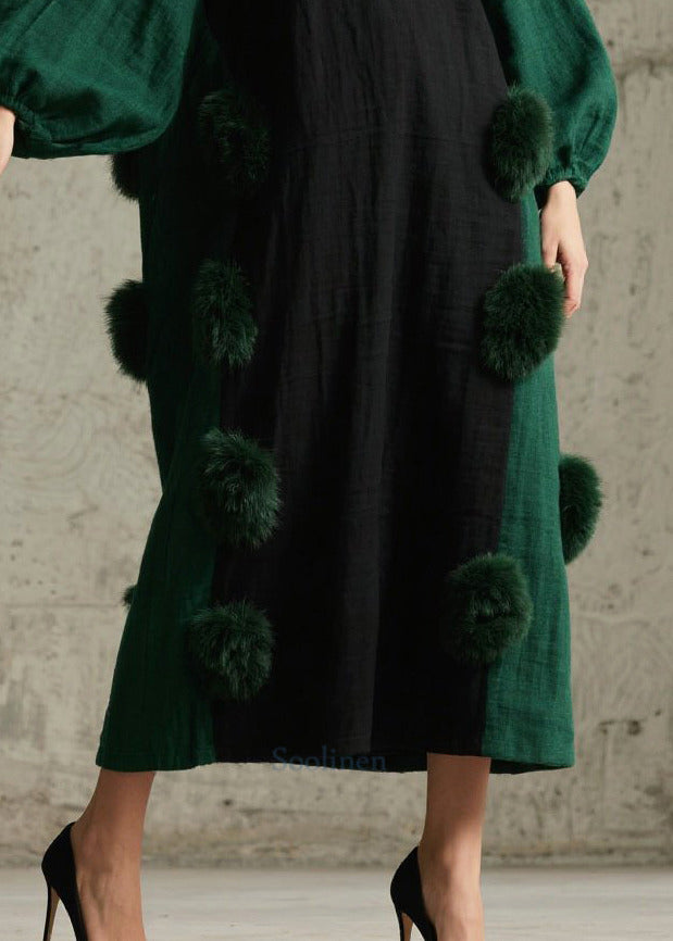 Black Patchwork Cotton Dresses Oversized Fuzzy Ball Decorated Lantern Sleeve