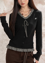 Black Patchwork Cotton Fake Two Piece Tops Ruffled Fall