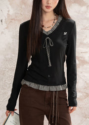 Black Patchwork Cotton Fake Two Piece Tops Ruffled Fall