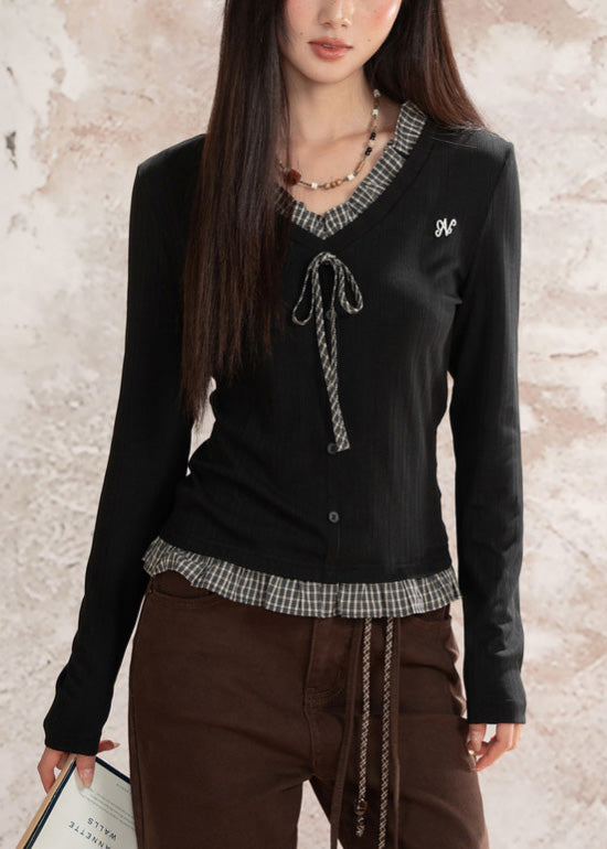 Black Patchwork Cotton Fake Two Piece Tops Ruffled Fall