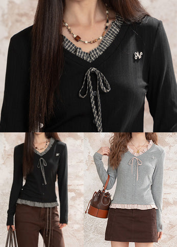 Black Patchwork Cotton Fake Two Piece Tops Ruffled Fall