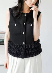 Black Patchwork Cotton Vests Ruffled Pearl Button Sleeveless