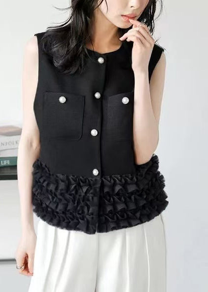Black Patchwork Cotton Vests Ruffled Pearl Button Sleeveless