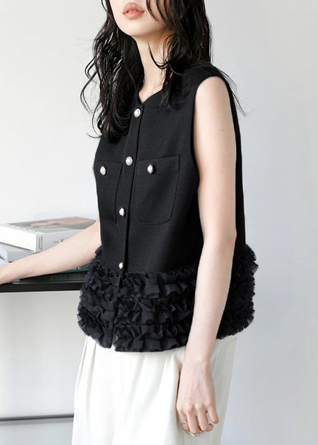 Black Patchwork Cotton Vests Ruffled Pearl Button Sleeveless