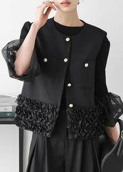Black Patchwork Cotton Vests Ruffled Pearl Button Sleeveless