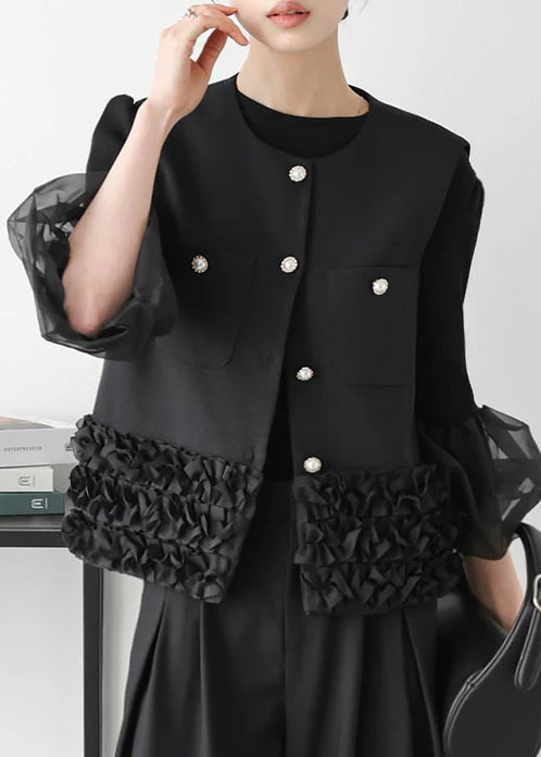 Black Patchwork Cotton Vests Ruffled Pearl Button Sleeveless