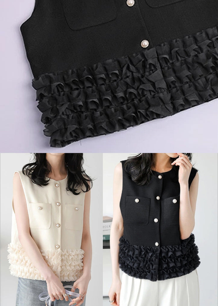 Black Patchwork Cotton Vests Ruffled Pearl Button Sleeveless