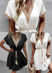 Black Patchwork Lace Dress V Neck Tie Waist Summer