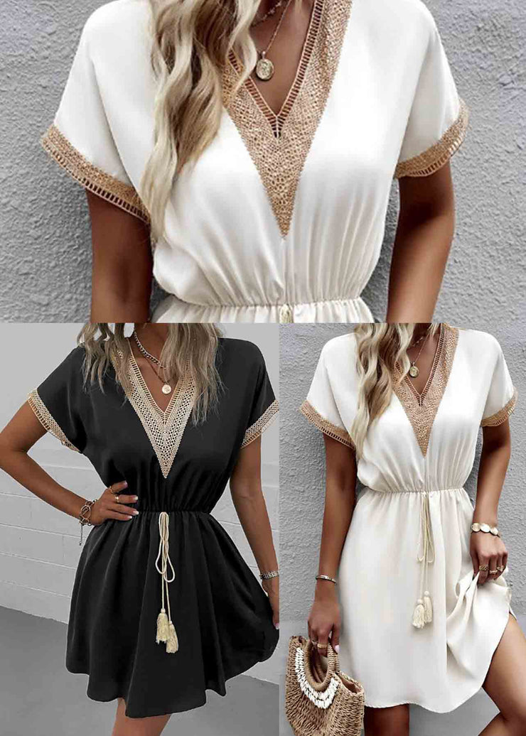 Black Patchwork Lace Dress V Neck Tie Waist Summer