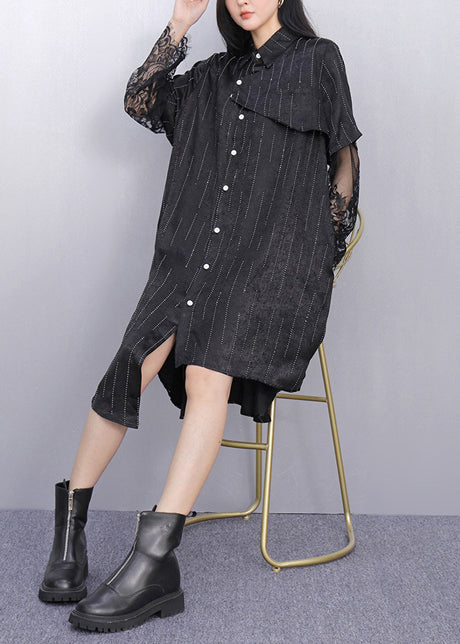 Black Patchwork Lace Striped Shirt Dress Asymmetrical Summer
